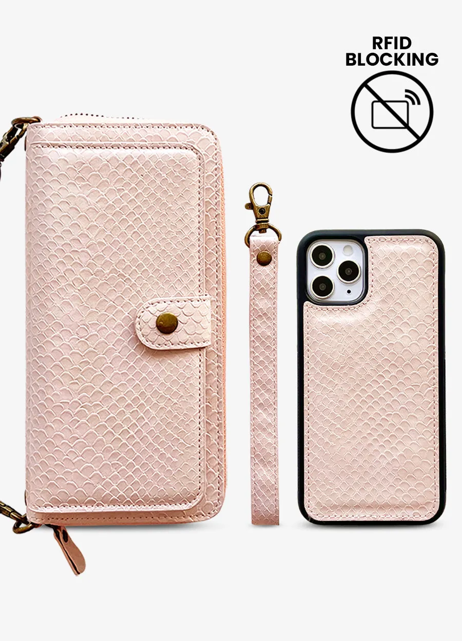 2-in-1 RFID Crossbody Wallet Phone Case in Pink Snakeskin