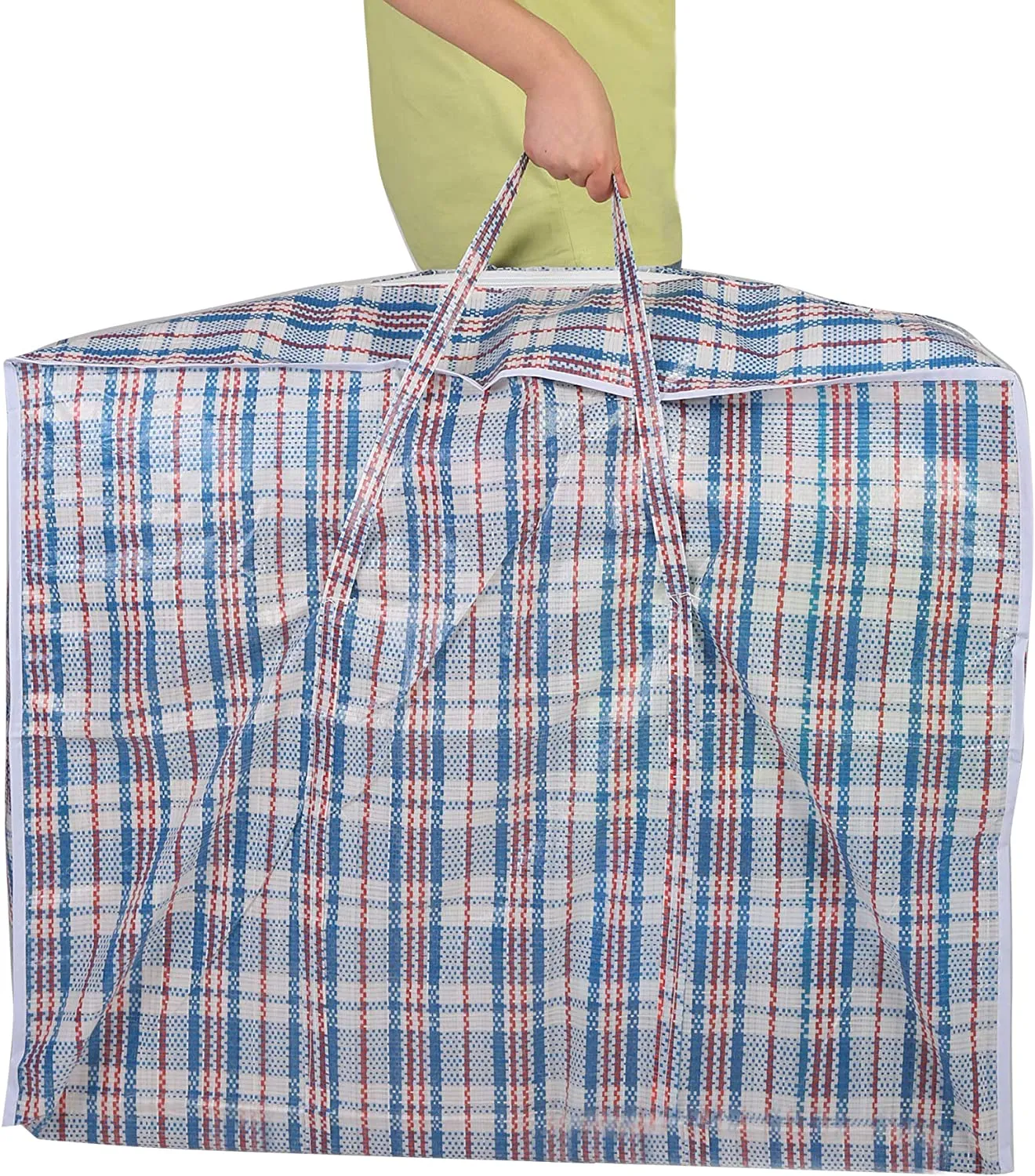 3PC Plastic Woven Storage Bag Moving Tote Clothes Laundry Travel Organizer w/ Zipper & Handles