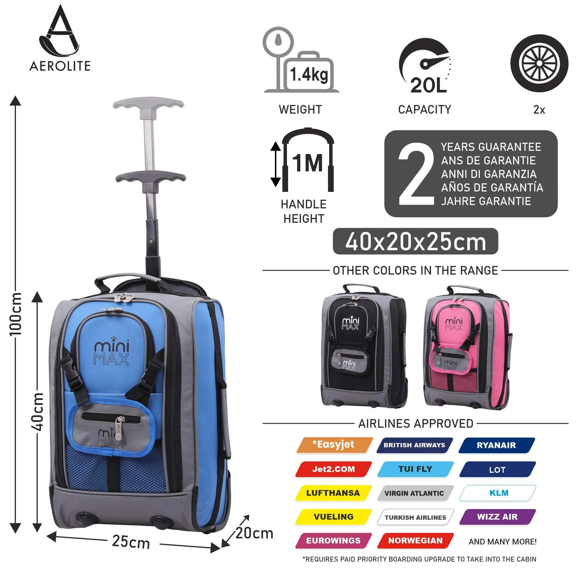 Aerolite MiniMax Ryanair Maximum 40x20x25cm Size Cabin Hand Luggage, 20L Under Seat Trolley Backpack With Wheels, 2 Year Warranty