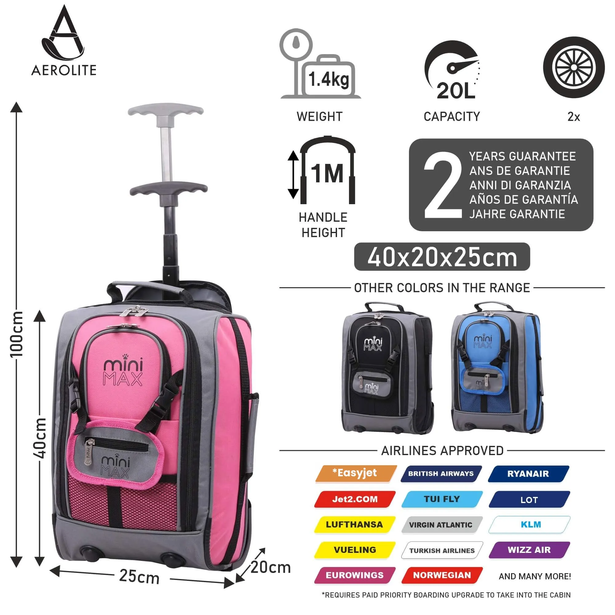 Aerolite MiniMax Ryanair Maximum 40x20x25cm Size Cabin Hand Luggage, 20L Under Seat Trolley Backpack With Wheels, 2 Year Warranty