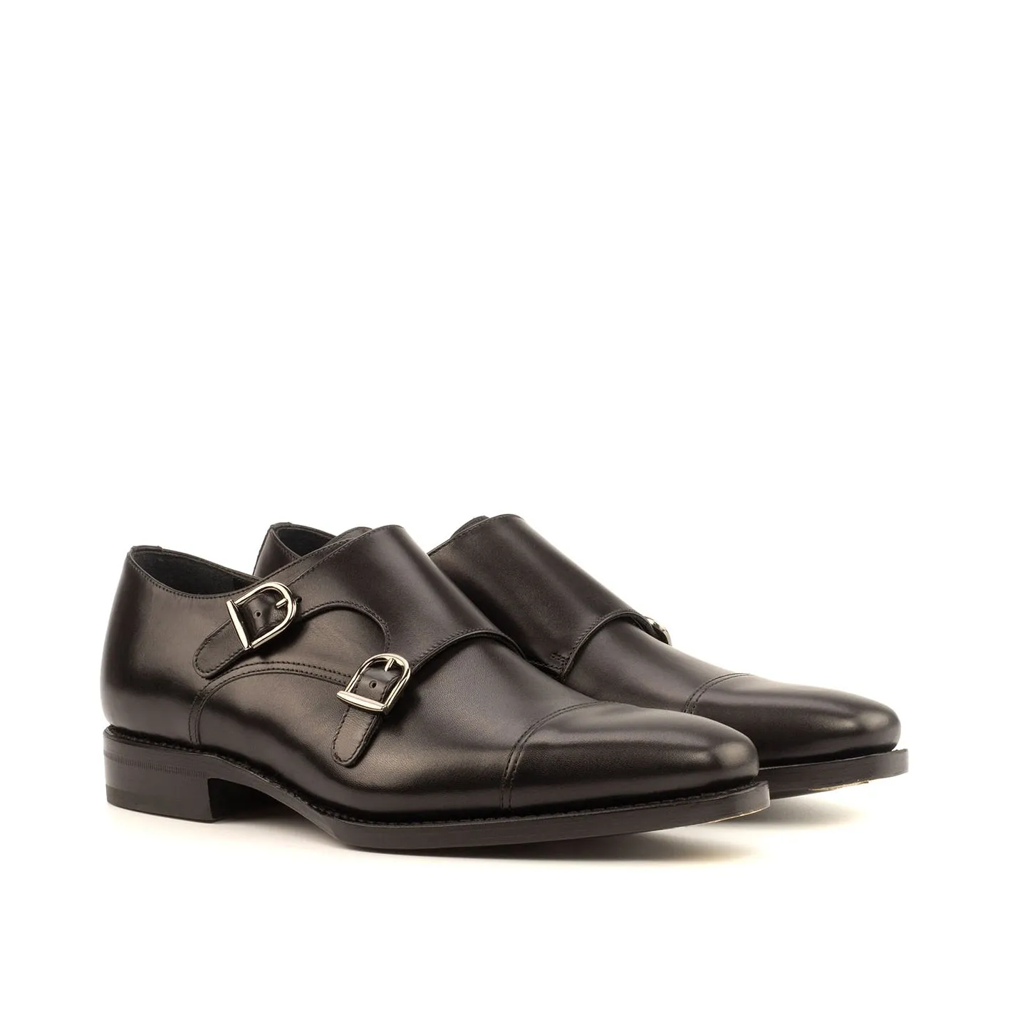 Ambrogio Bespoke Custom Men's Shoes Black Calf-Skin Leather Monk-Straps Loafers (AMB2006)