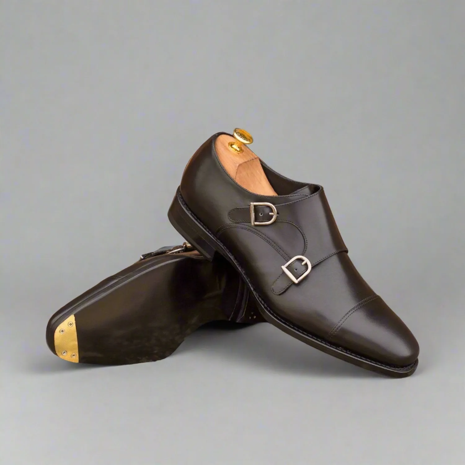 Ambrogio Bespoke Custom Men's Shoes Black Calf-Skin Leather Monk-Straps Loafers (AMB2006)