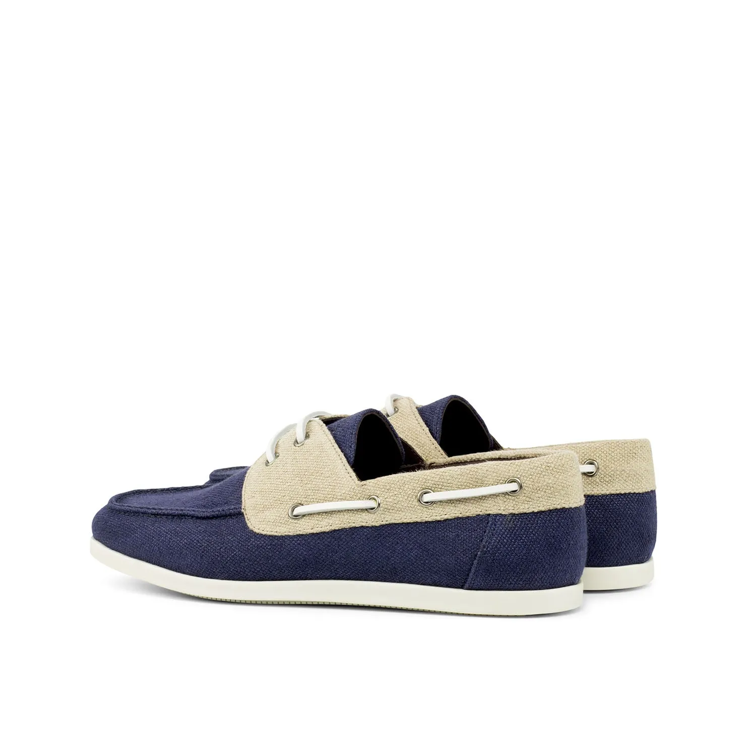 Ambrogio Bespoke Custom Men's Shoes Ice & Navy Linen Fabric Boat Loafers (AMB2158)