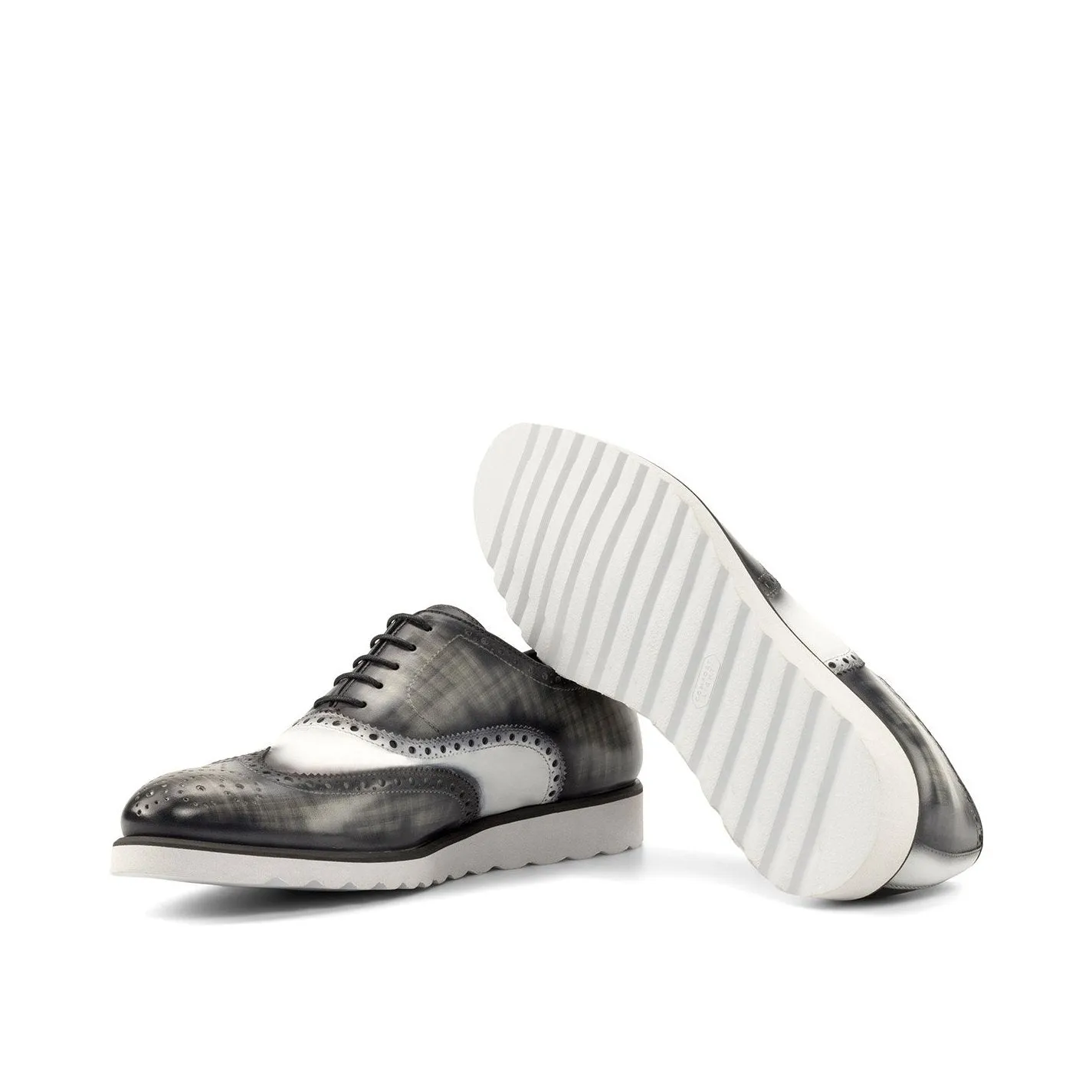 Ambrogio Bespoke Custom Men's Shoes White & Gray Patina / Calf-Skin Leather Full Brogue Oxfords (AMB2225)