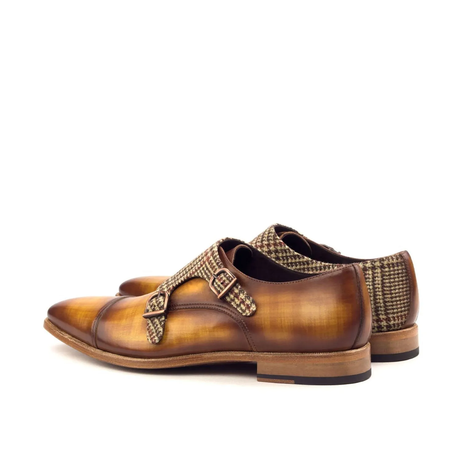 Ambrogio Bespoke Men's Handmade Custom Made Shoes Beige & Cognac Patina Leather Monk-Straps Loafers (AMB1267)