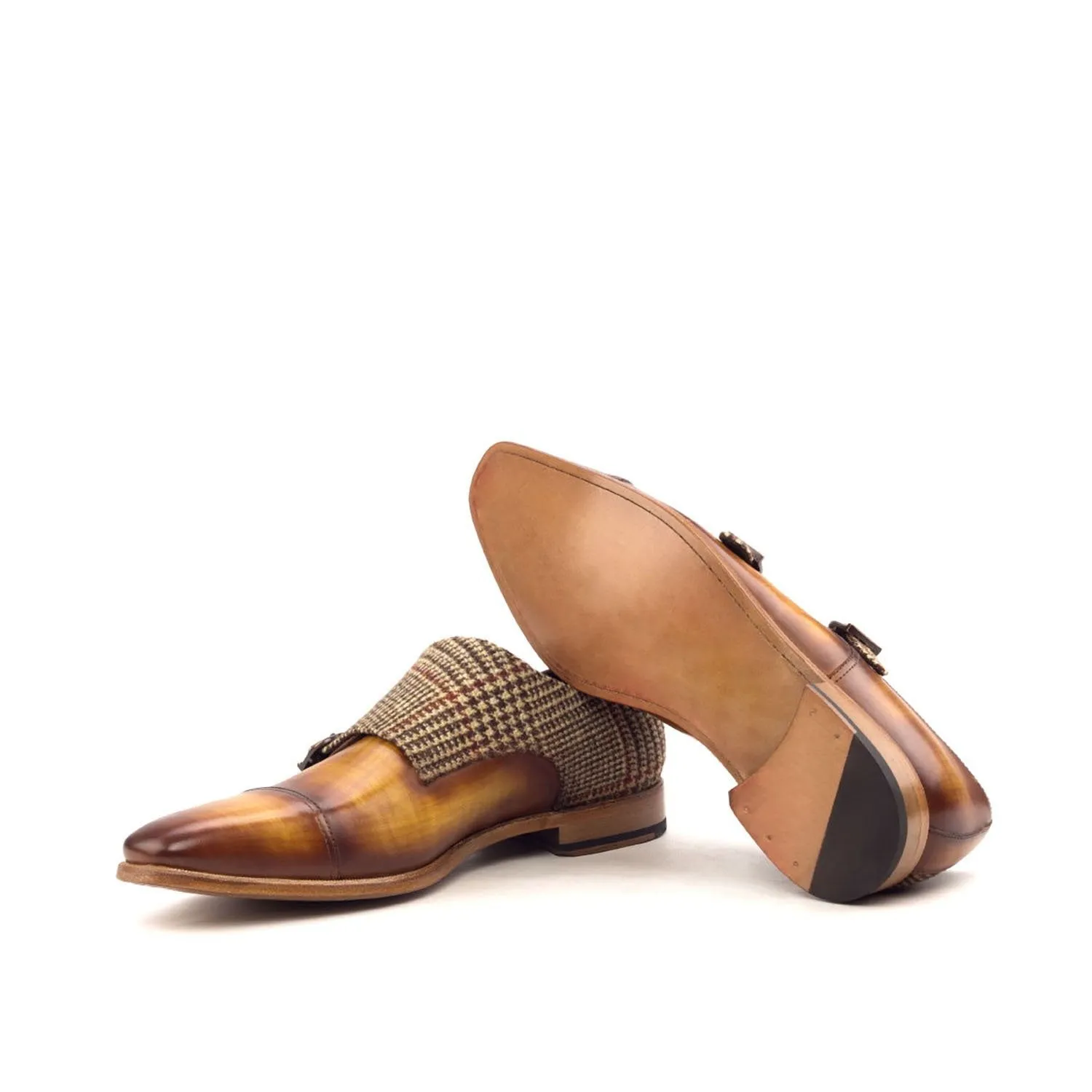 Ambrogio Bespoke Men's Handmade Custom Made Shoes Beige & Cognac Patina Leather Monk-Straps Loafers (AMB1267)