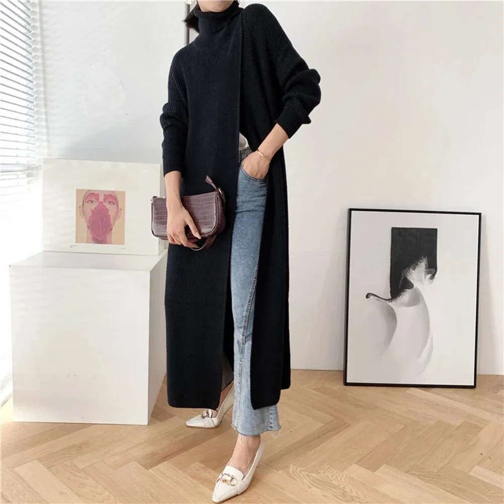 Asymmetrical Hem Sweater For Women Turtleneck Long Sleeve Irregular Loose Solid Knitting Sweaters Female Clothing