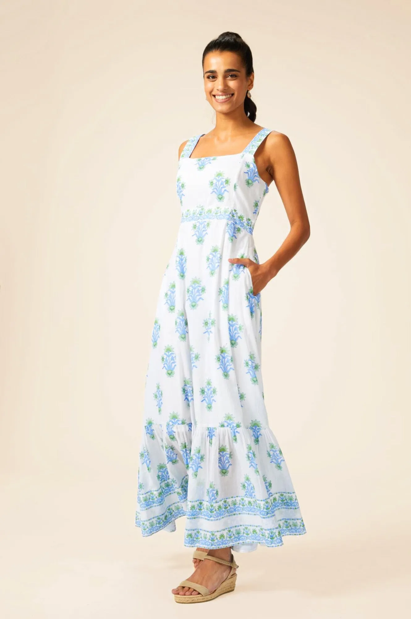 Aurelia Block Print Dress | White/Blue