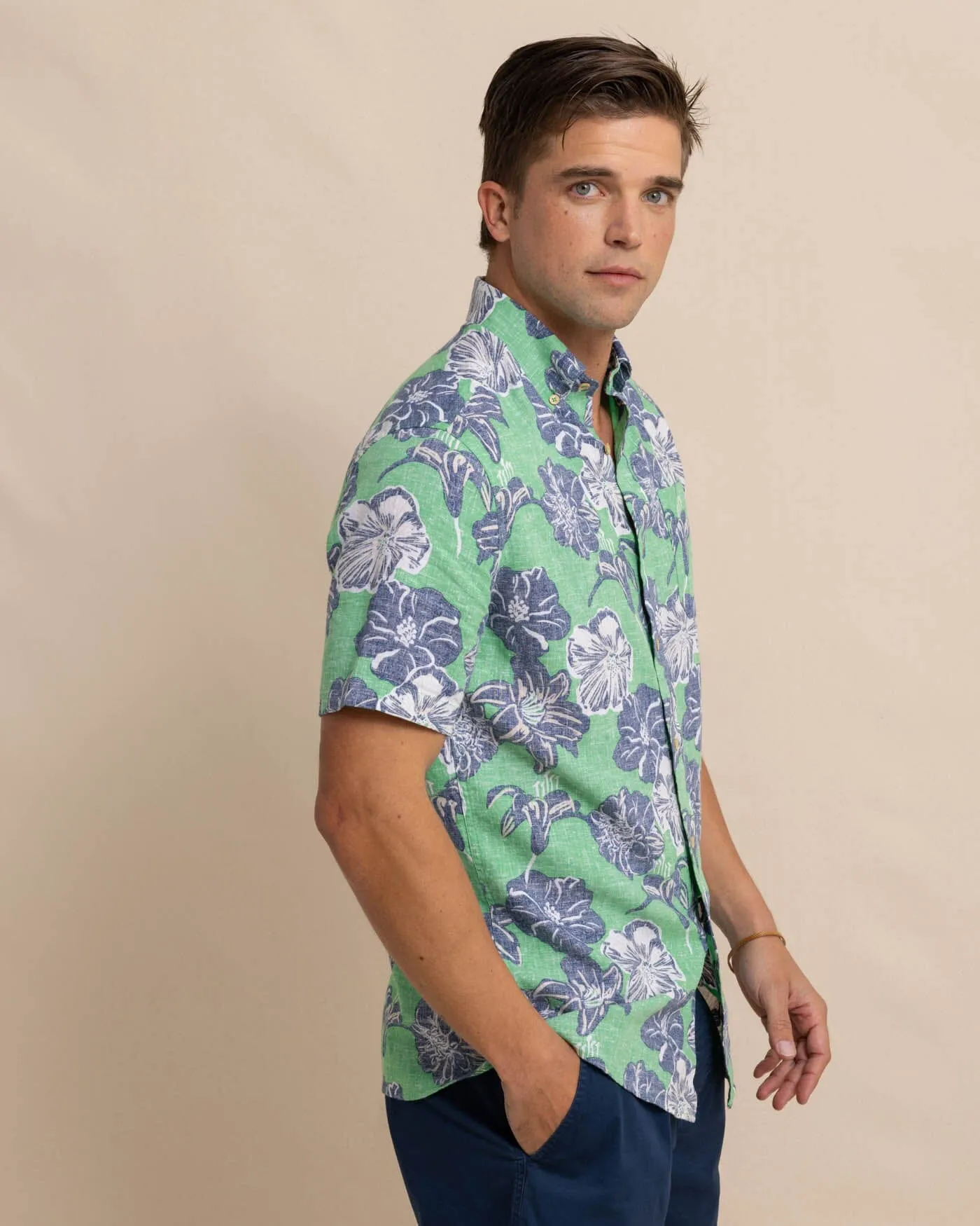 Beach Blooms Linen Rayon Short Sleeve Sport Shirt