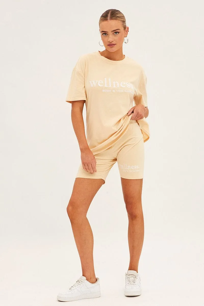 Beige Embroided T And Biker Shorts Set