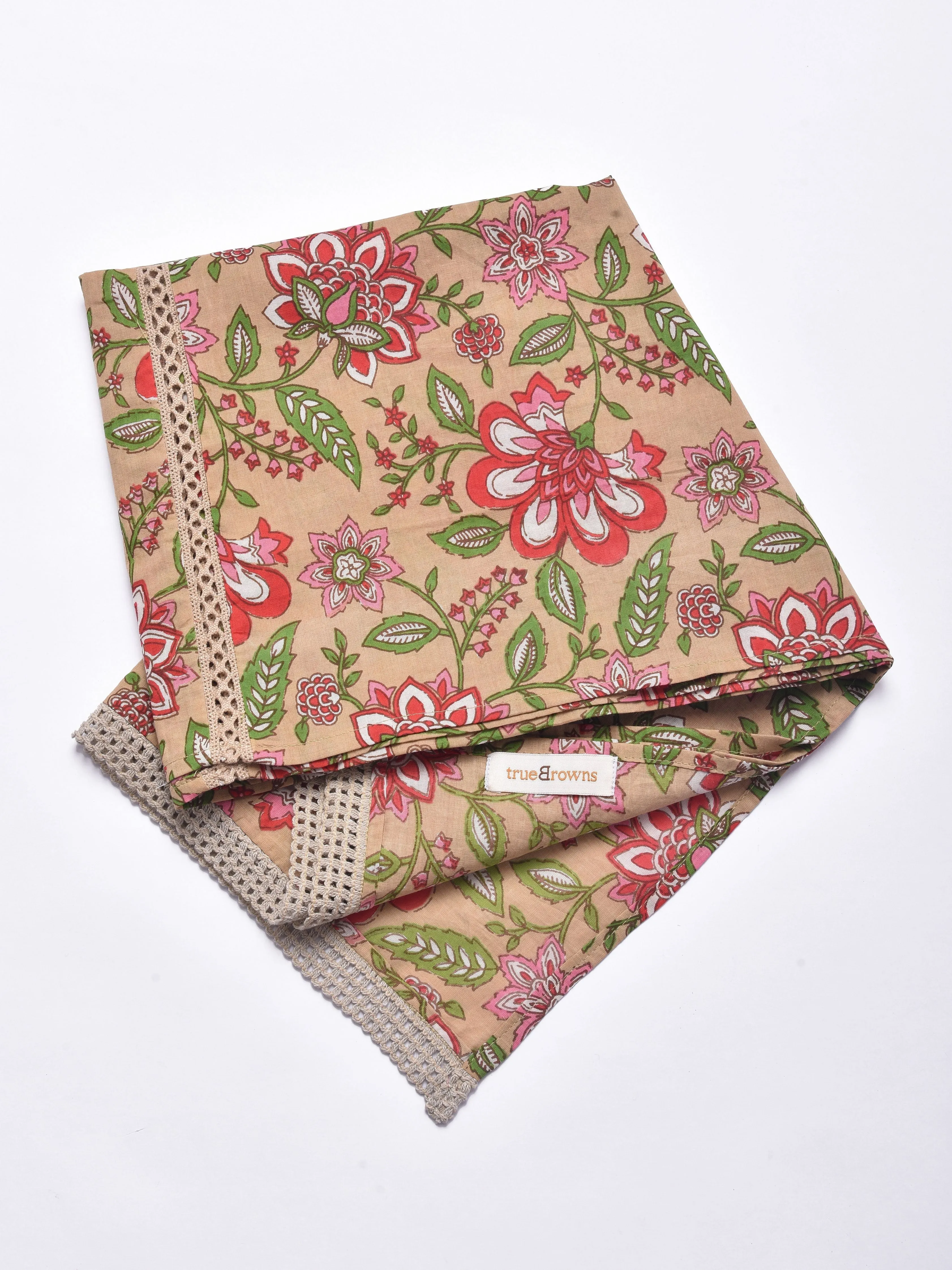 Beige Floral Block Print Cotton Stole