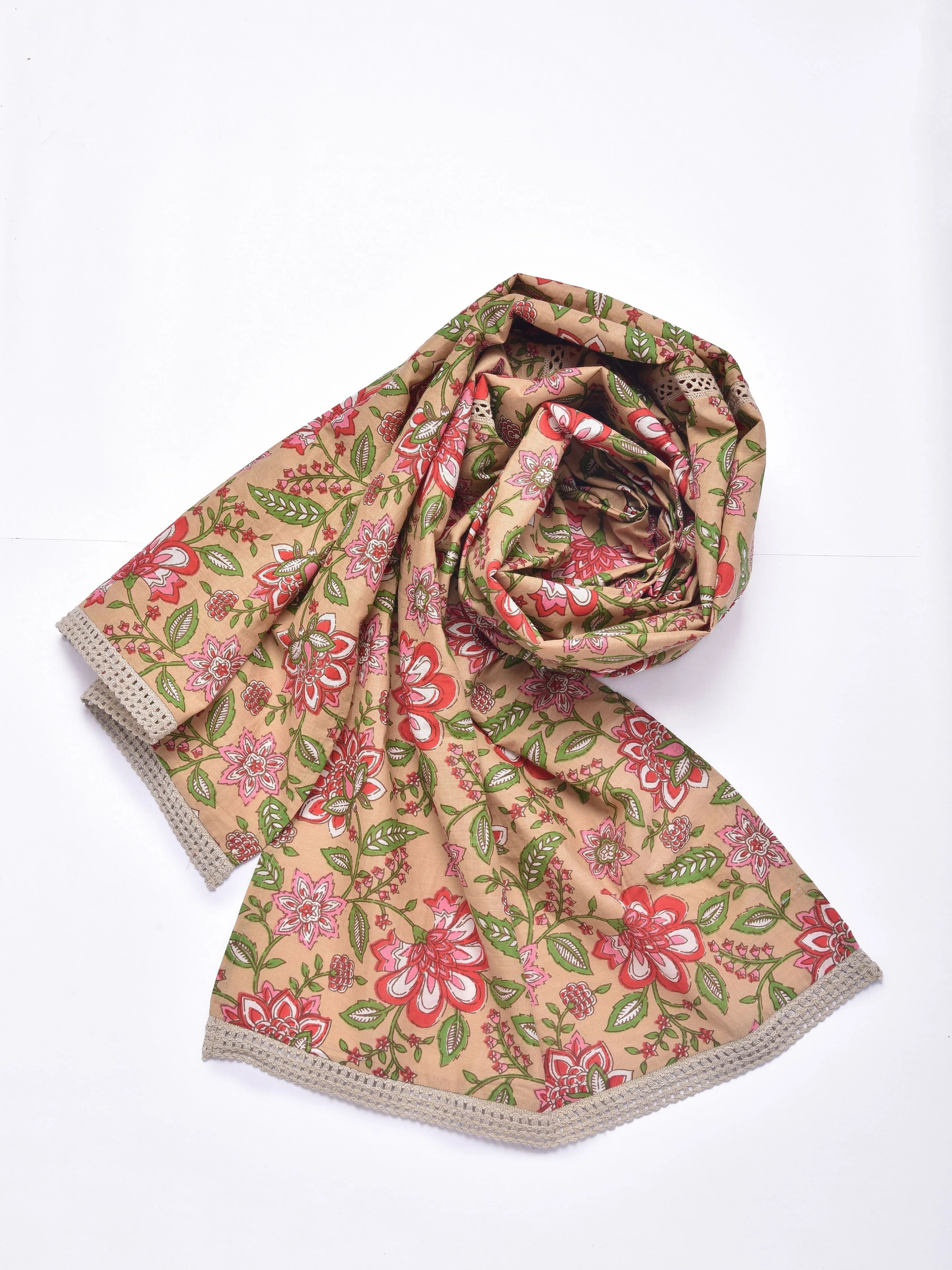 Beige Floral Block Print Cotton Stole