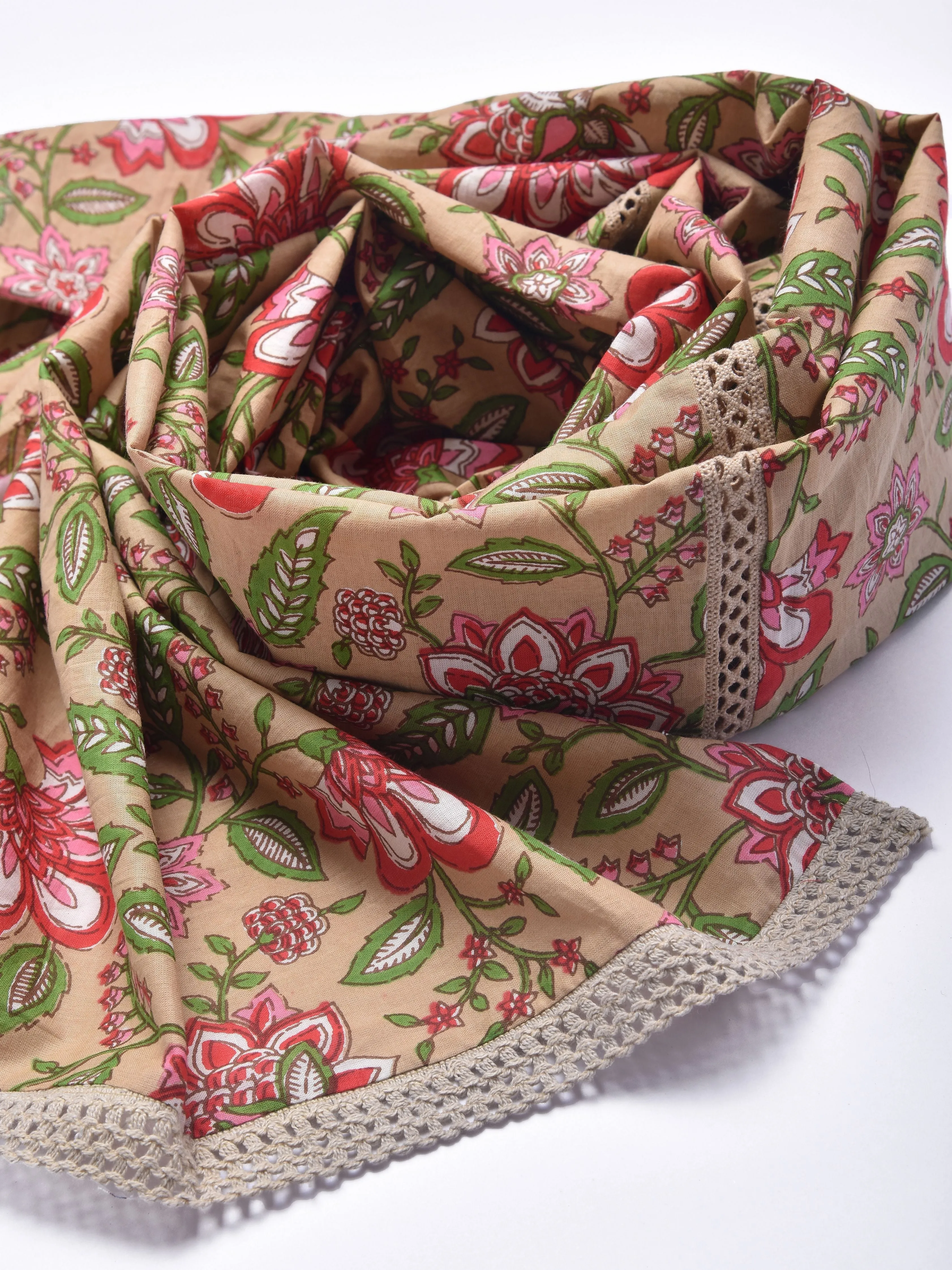 Beige Floral Block Print Cotton Stole