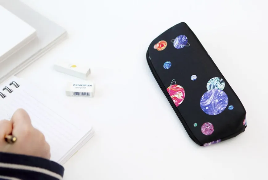 Black Space Planet Graphic Pencil Cases Stationery Zipper School 19cm Office Cosmetics Pouches Artists Designer Prints Gifts Bags Purses Students Inner Pocket