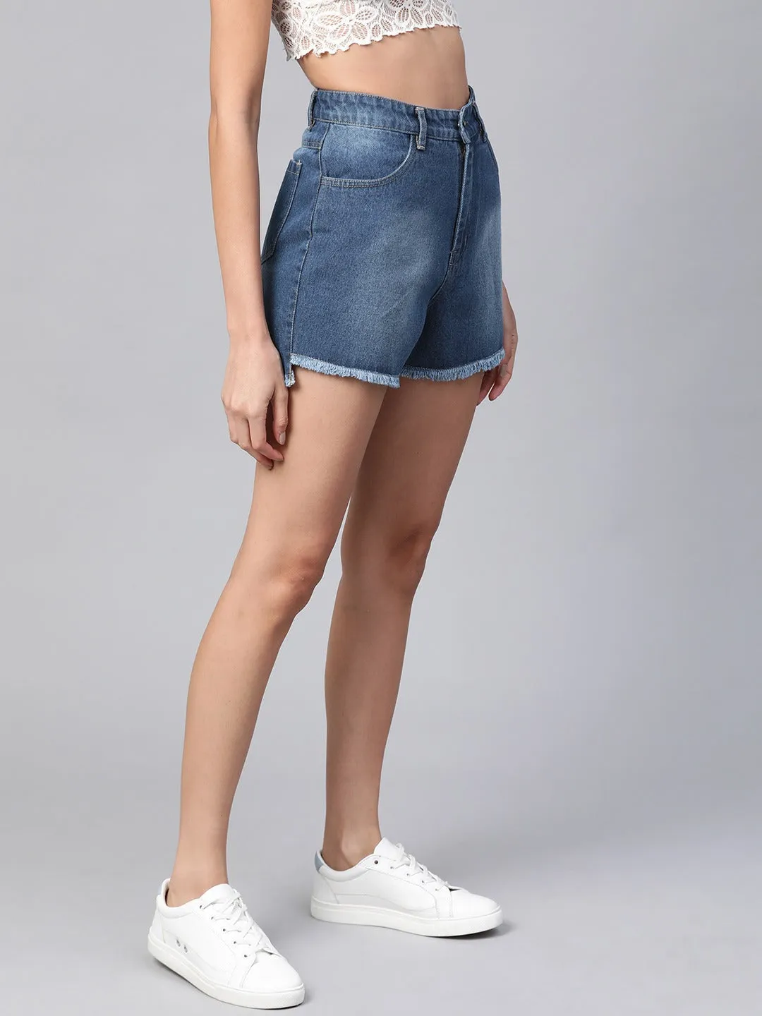 Blue Bleach Wash Frayed Look Shorts