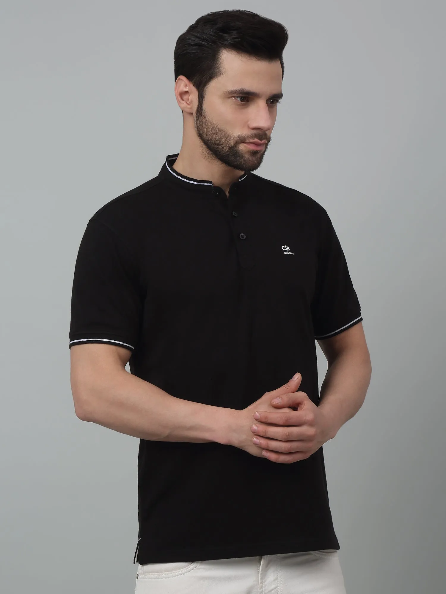 Cantabil Black Solid Band Collar Neck Half Sleeve T-shirt For Men