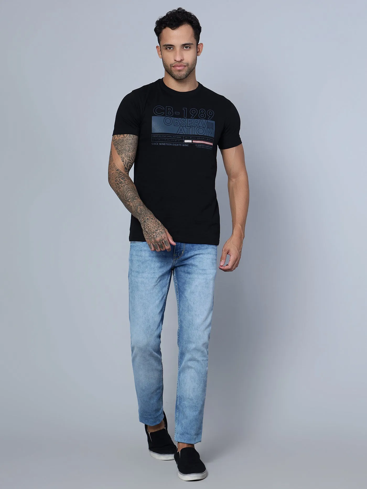 Cantabil Blue Solid Cotton Denim Flat Front Mid Rise Full Length Regular Fit Casual Jeans For Men