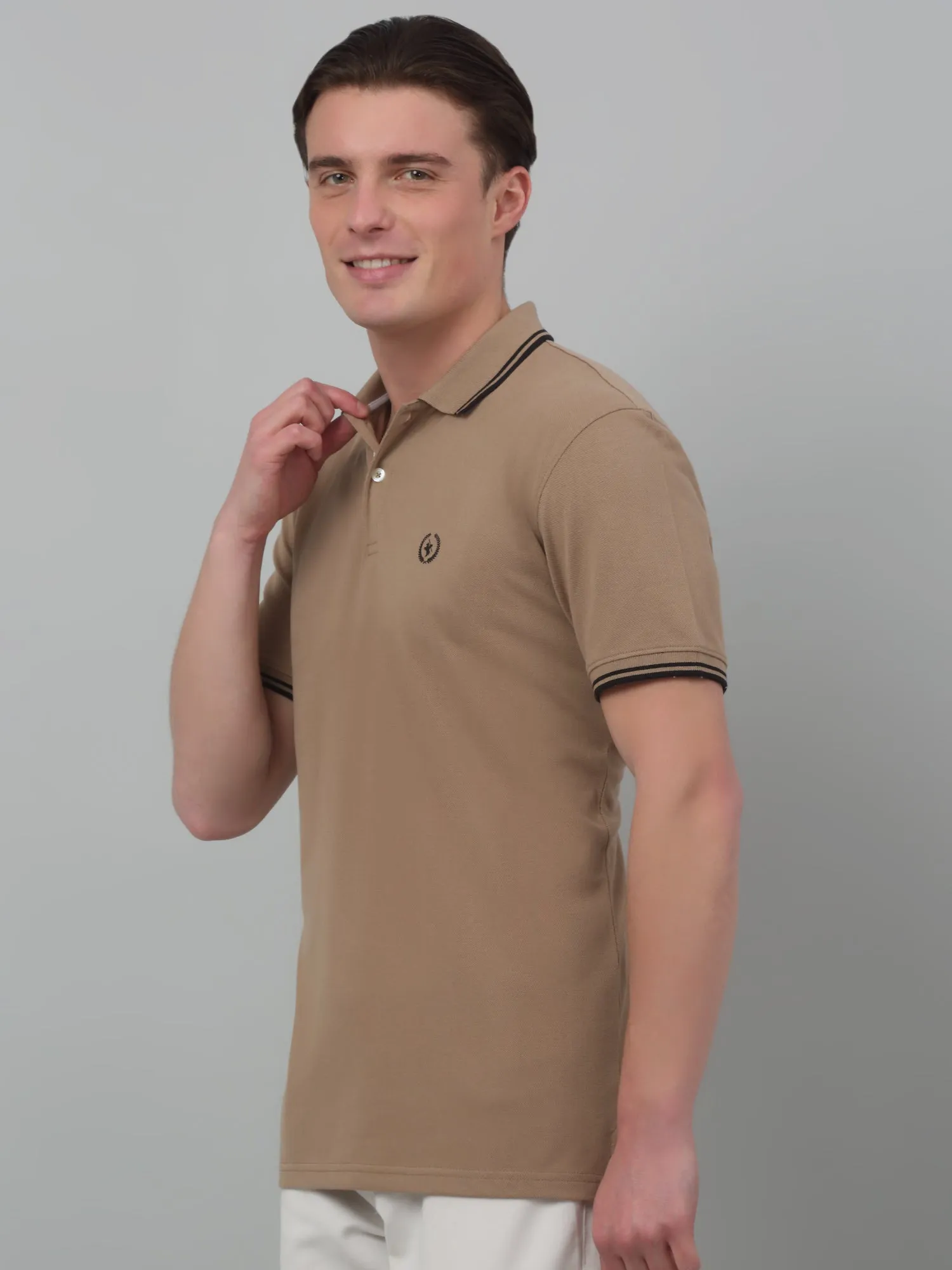 Cantabil Brown Solid Polo Neck Half Sleeve T-shirt For Men