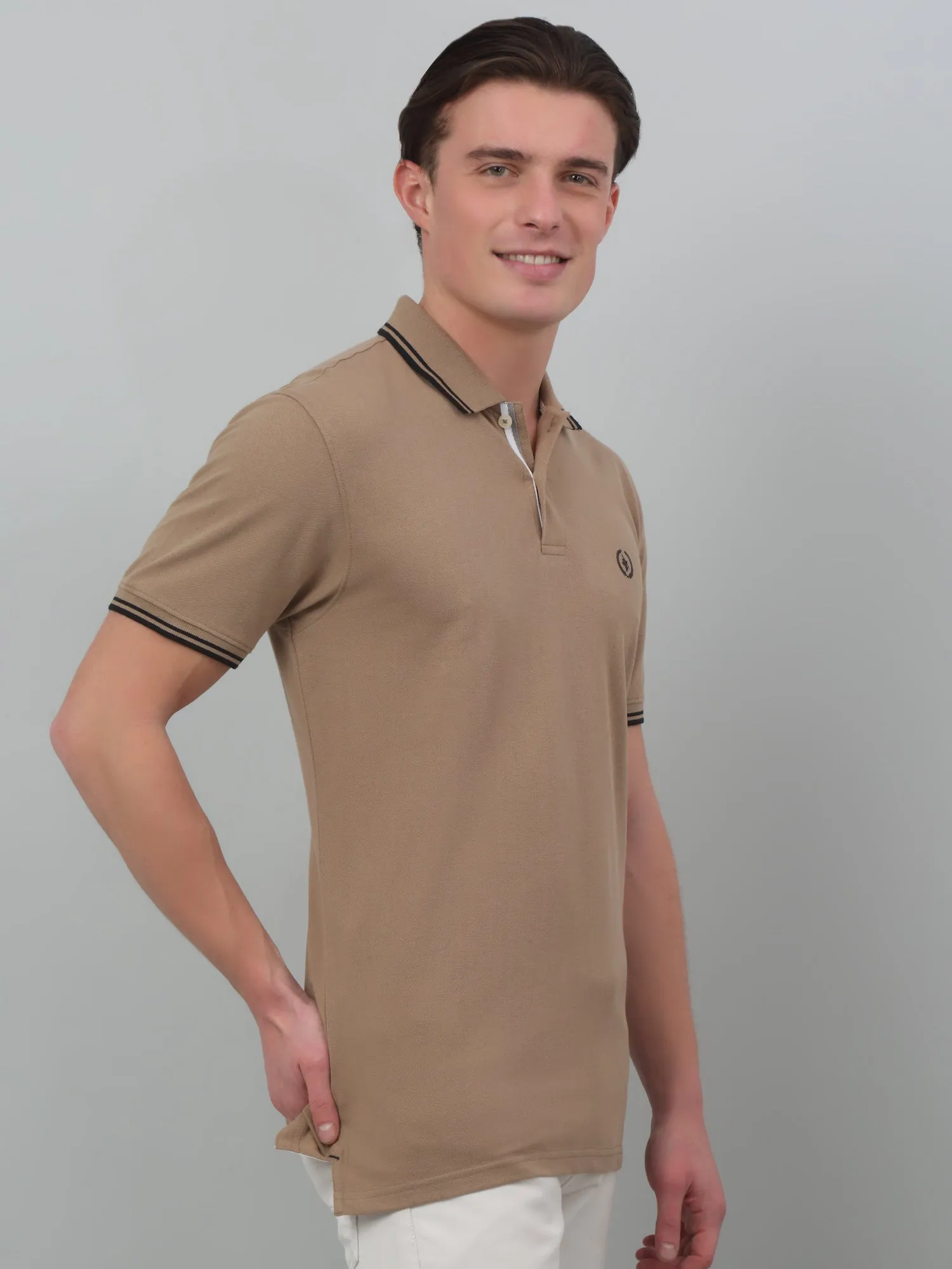 Cantabil Brown Solid Polo Neck Half Sleeve T-shirt For Men