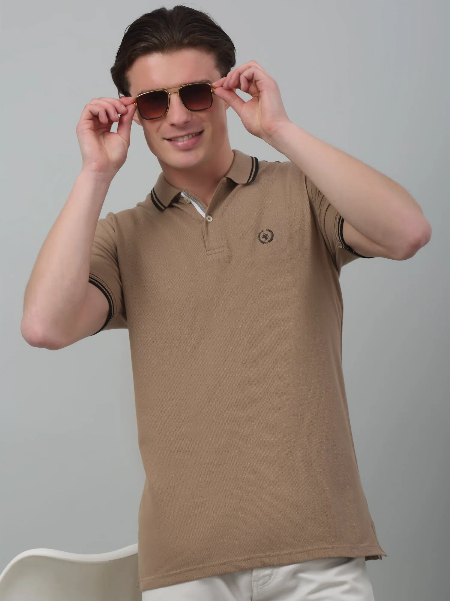 Cantabil Brown Solid Polo Neck Half Sleeve T-shirt For Men