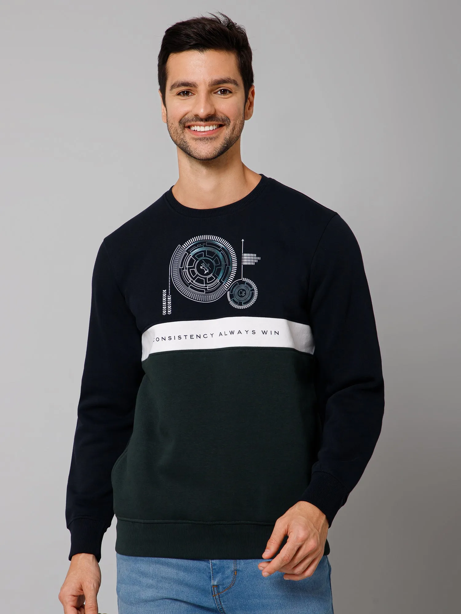 Cantabil Color-block Green Full Sleeves Round Neck Regular Fit Casual Sweatshirt for Men