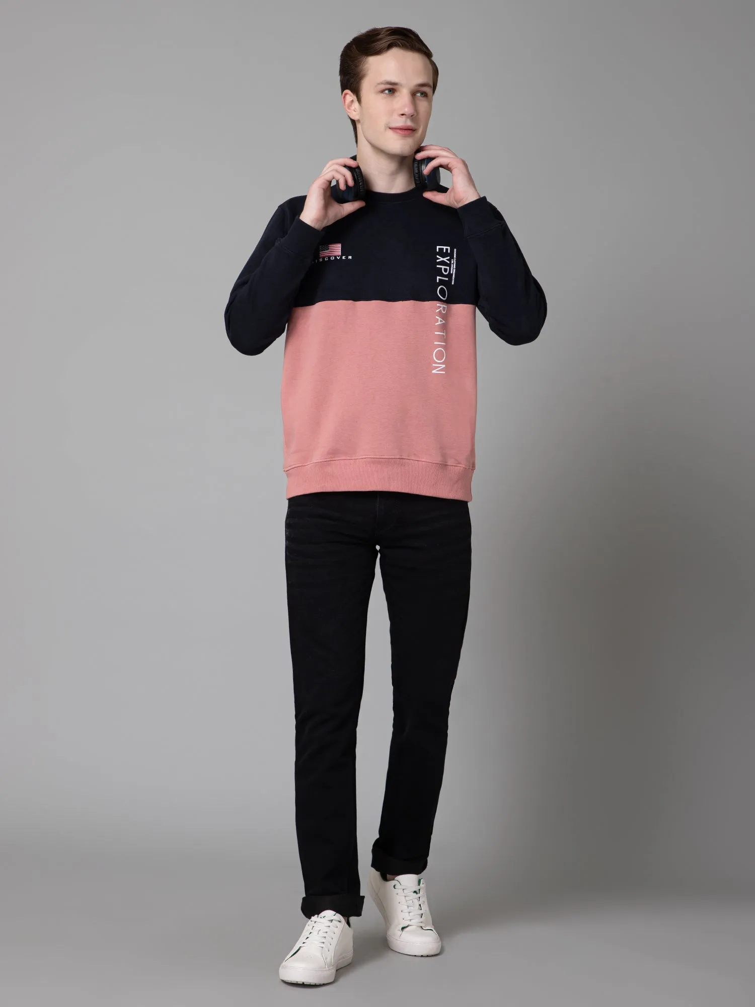 Cantabil Color Blocked Dark Pink Full Sleeves Rounded Neck Regular Fit Casual Sweatshirt for Men