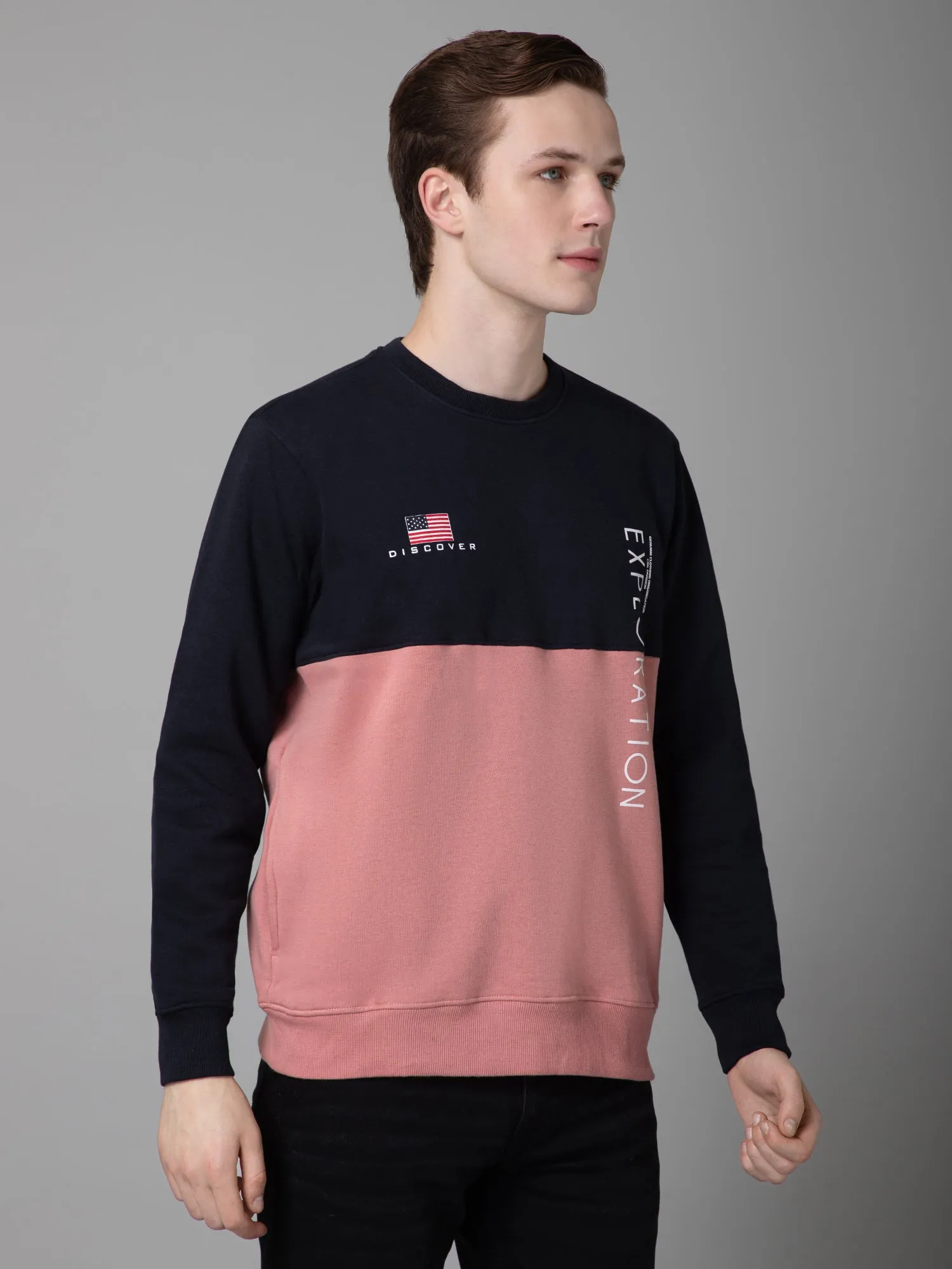 Cantabil Color Blocked Dark Pink Full Sleeves Rounded Neck Regular Fit Casual Sweatshirt for Men