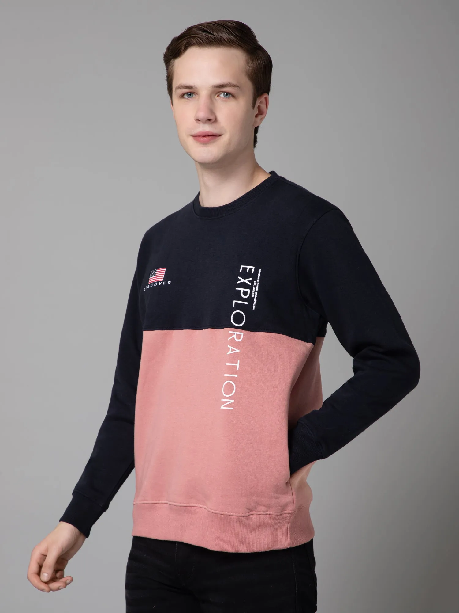 Cantabil Color Blocked Dark Pink Full Sleeves Rounded Neck Regular Fit Casual Sweatshirt for Men