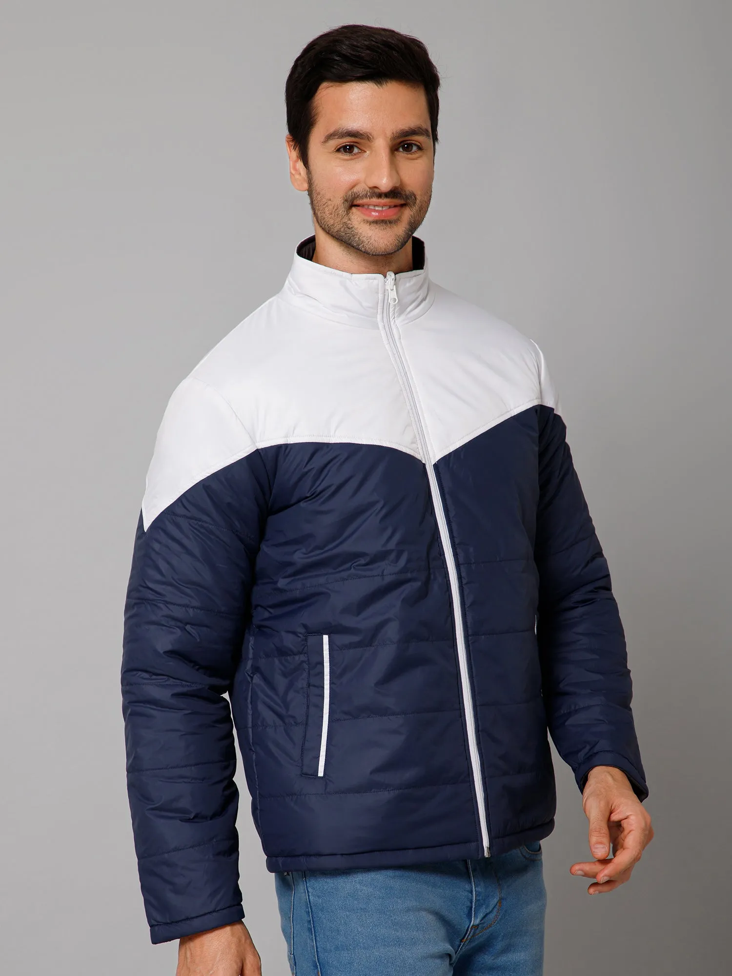 Cantabil Color Blocked Navy and Grey Full Sleeves Mock Collar Regular Fit Reversible Casual Jacket For Men