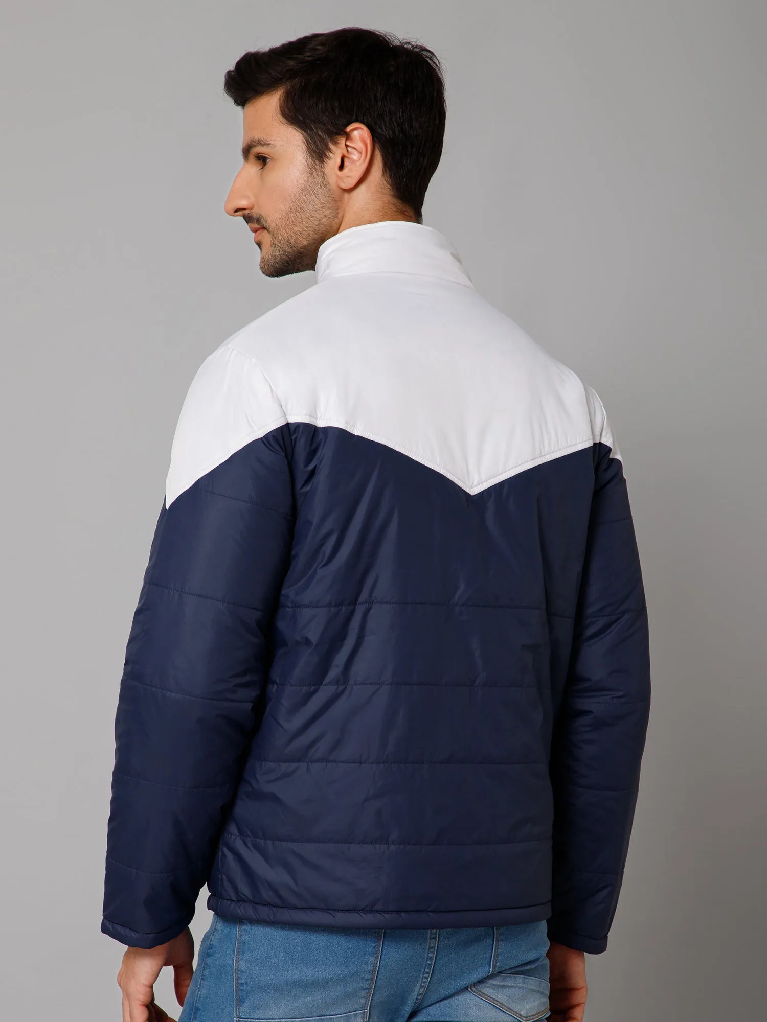 Cantabil Color Blocked Navy and Grey Full Sleeves Mock Collar Regular Fit Reversible Casual Jacket For Men