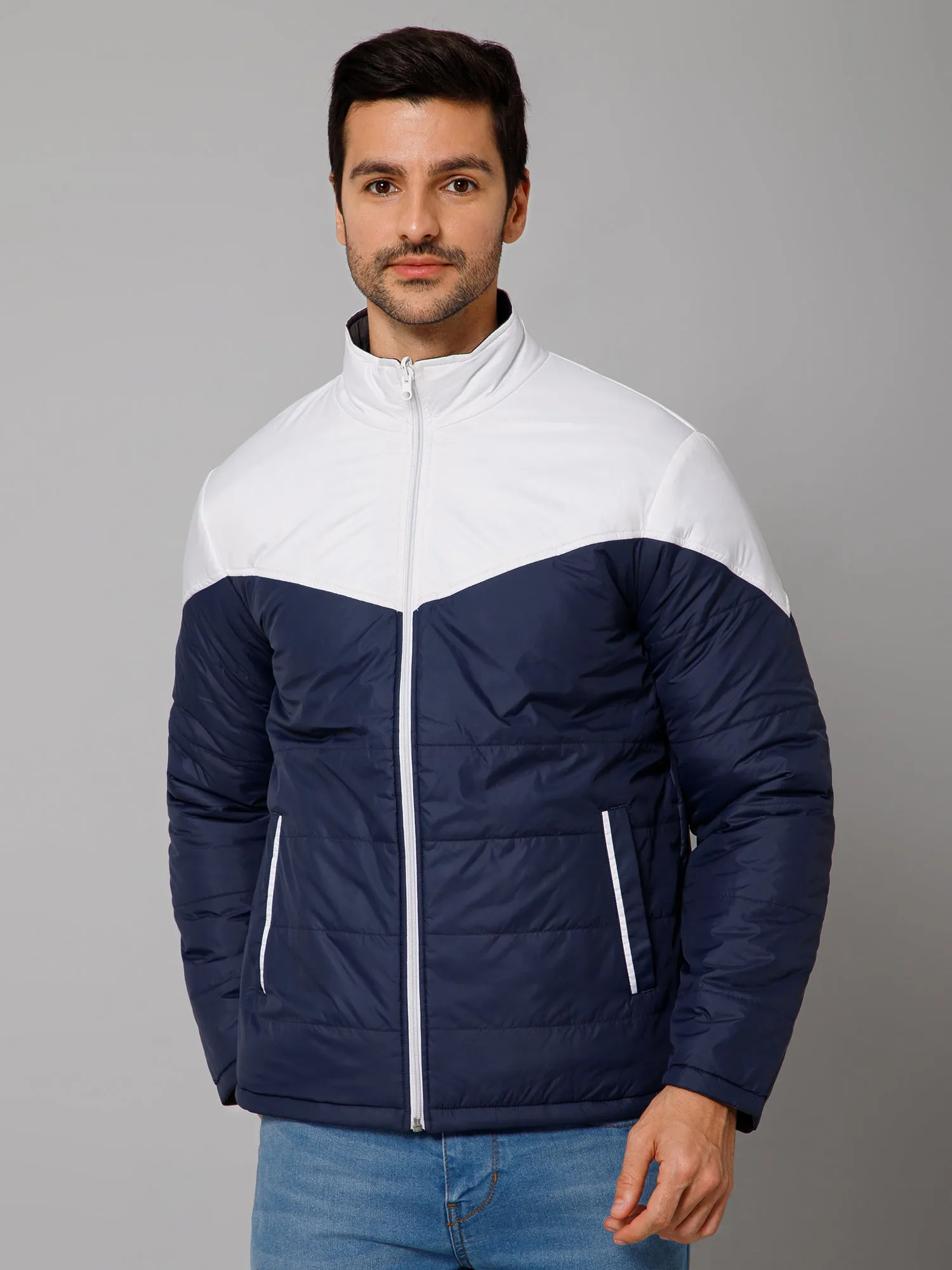 Cantabil Color Blocked Navy and Grey Full Sleeves Mock Collar Regular Fit Reversible Casual Jacket For Men