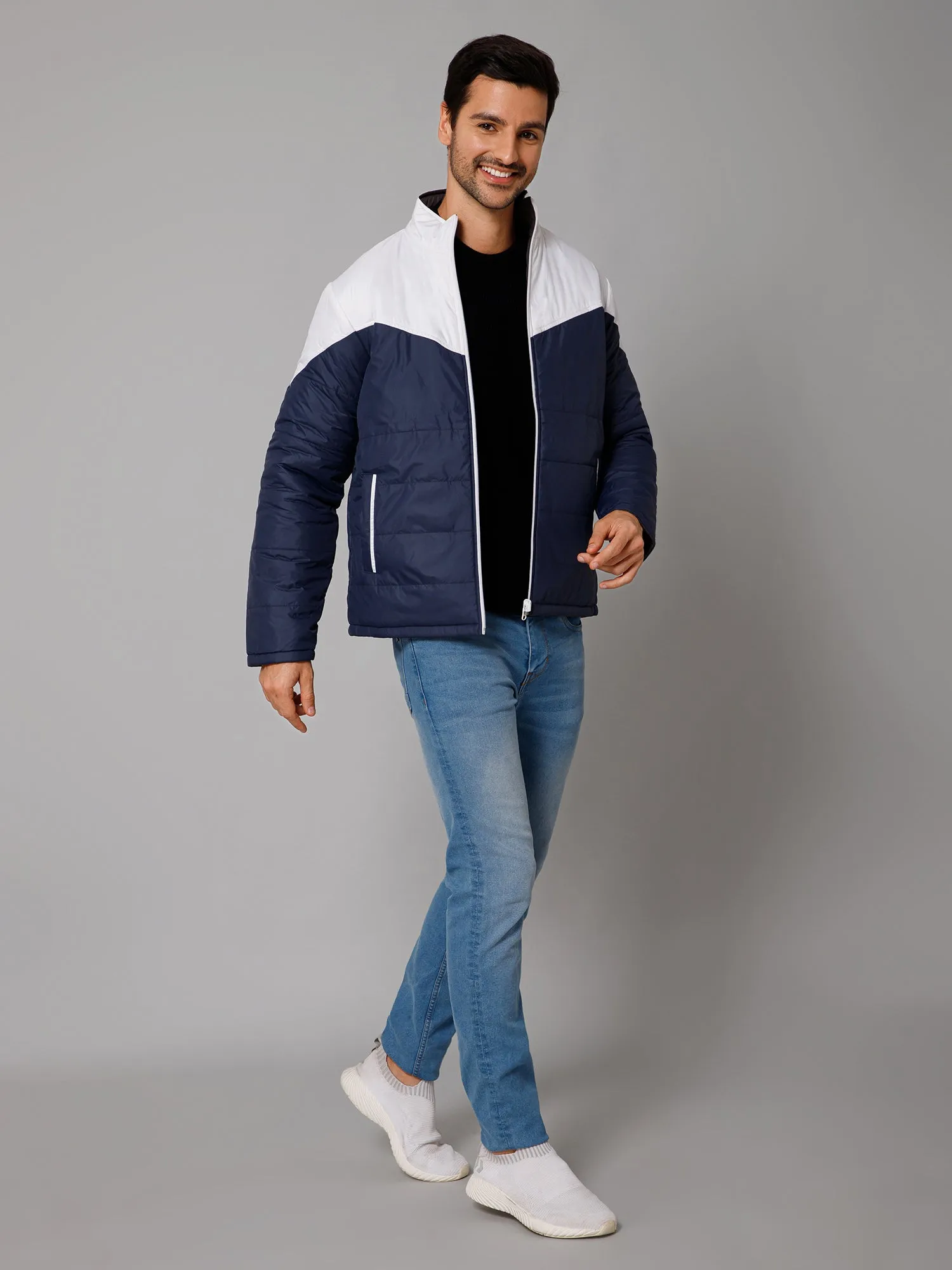 Cantabil Color Blocked Navy and Grey Full Sleeves Mock Collar Regular Fit Reversible Casual Jacket For Men