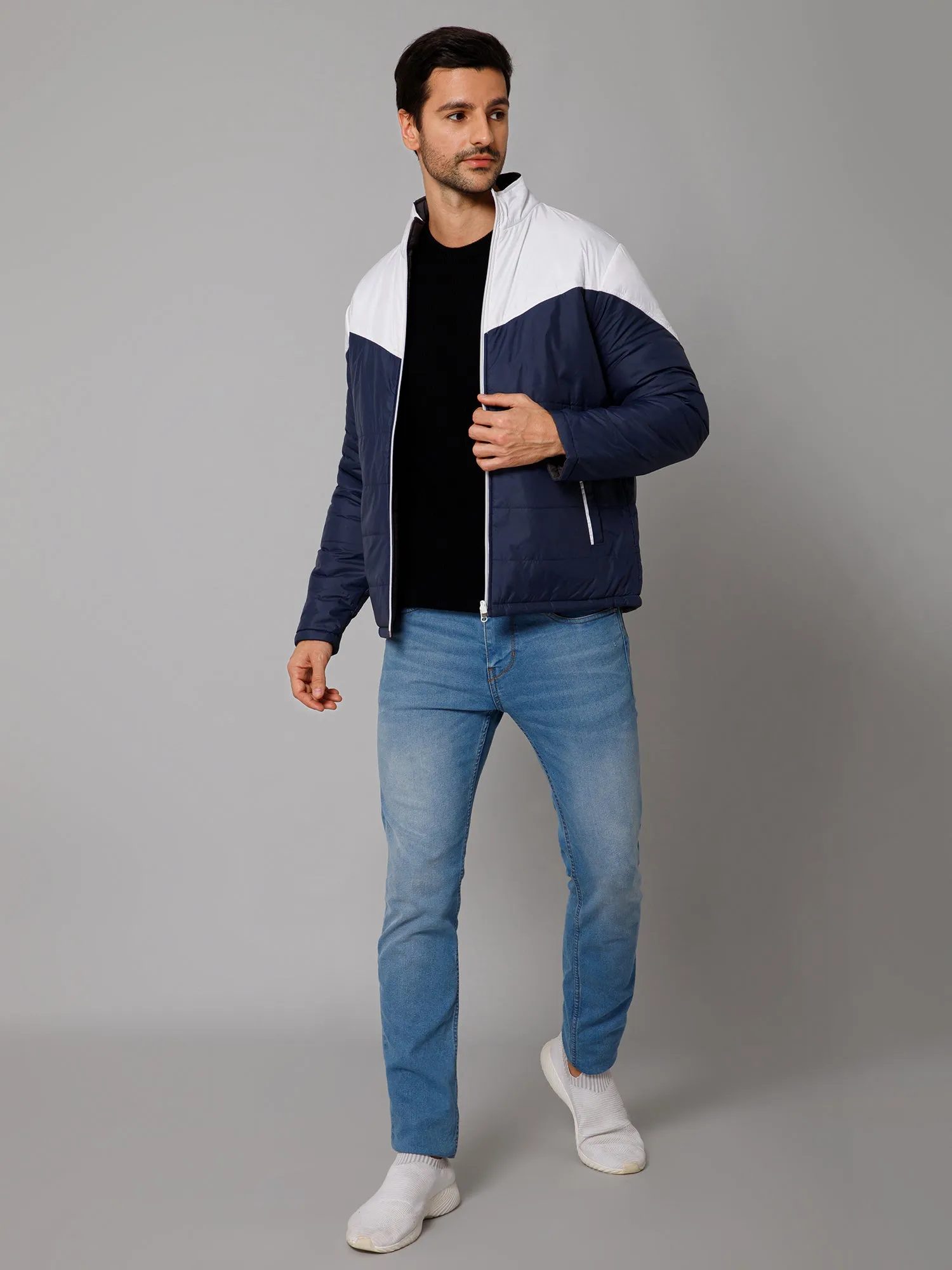 Cantabil Color Blocked Navy and Grey Full Sleeves Mock Collar Regular Fit Reversible Casual Jacket For Men