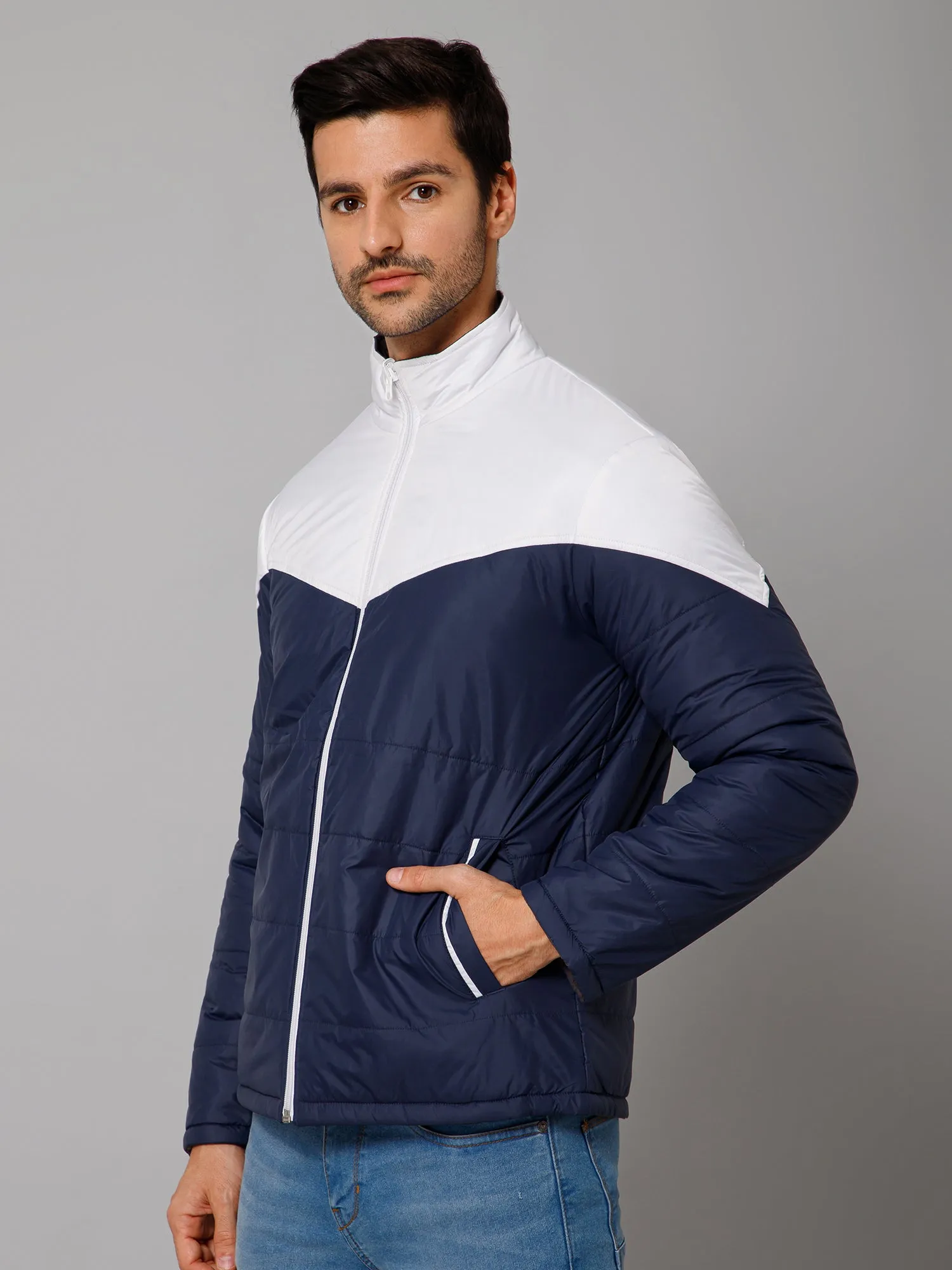 Cantabil Color Blocked Navy and Grey Full Sleeves Mock Collar Regular Fit Reversible Casual Jacket For Men