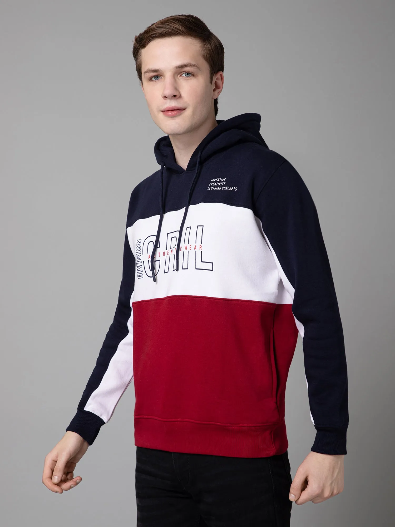 Cantabil Color-Blocked  Red Full Sleeves Hooded Neck Regular Fit Casual Sweatshirt for Men