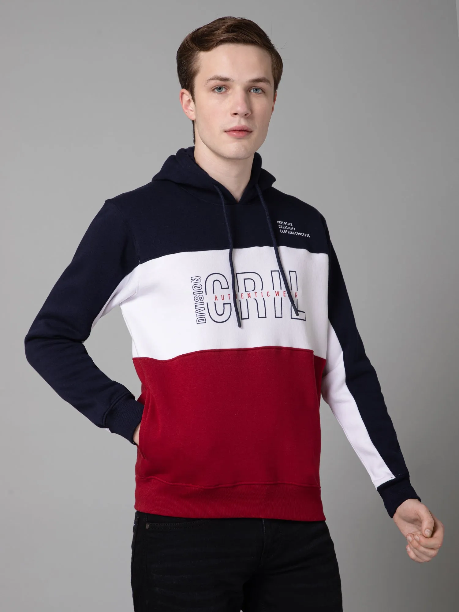 Cantabil Color-Blocked  Red Full Sleeves Hooded Neck Regular Fit Casual Sweatshirt for Men