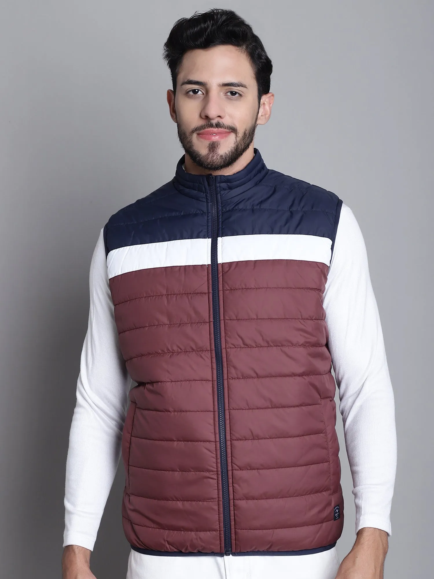 Cantabil Color-blocked Wine and Navy Sleeveless Mock Collar Regular Fit Reversible Casual Jacket For Mens