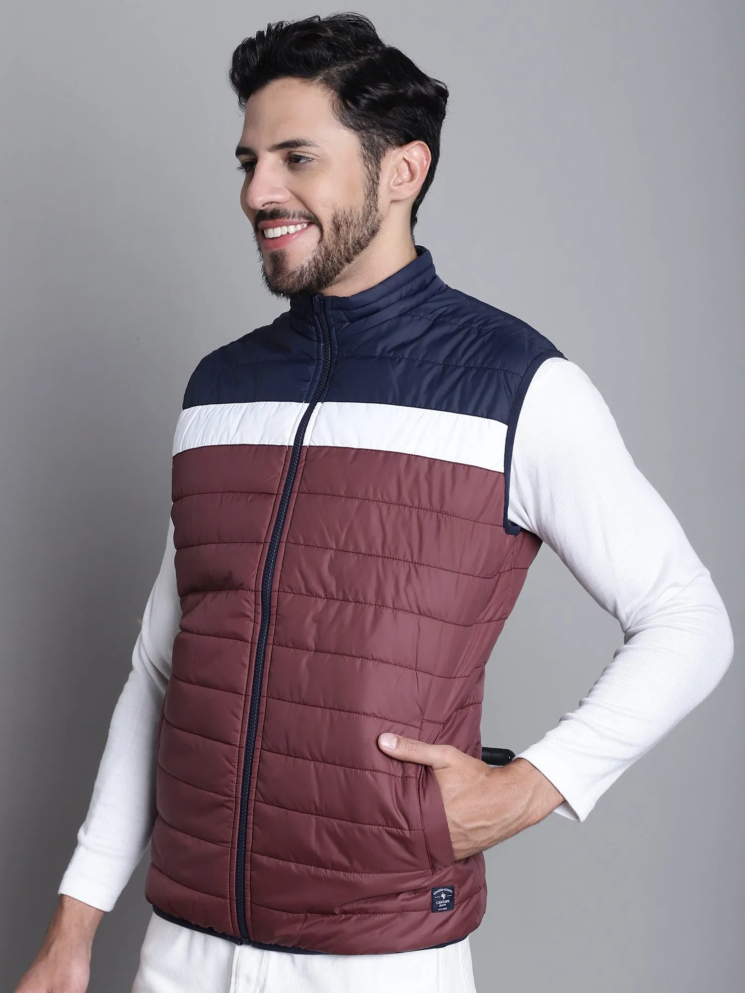 Cantabil Color-blocked Wine and Navy Sleeveless Mock Collar Regular Fit Reversible Casual Jacket For Mens