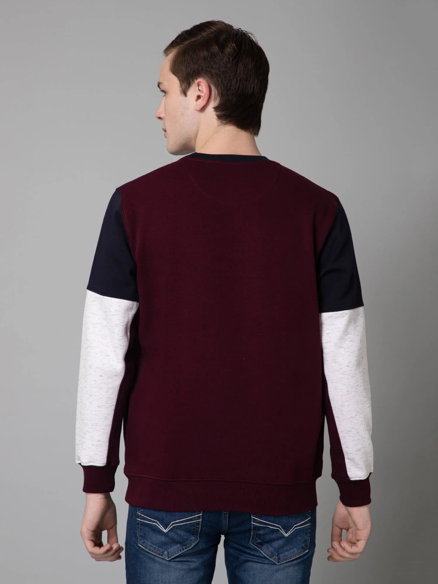 Cantabil Color Blocked Wine Full Sleeves Rounded Neck Regular Fit Casual Sweatshirt for Men