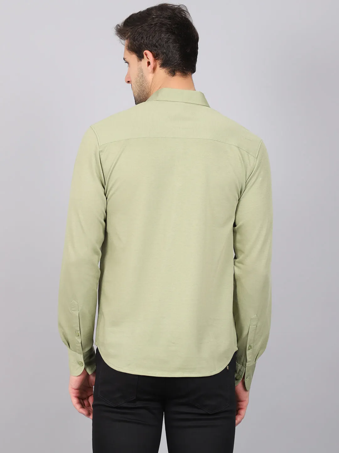 Cantabil Cotton Blend Solid Green Full Sleeve Casual Shirt for Men with Pocket