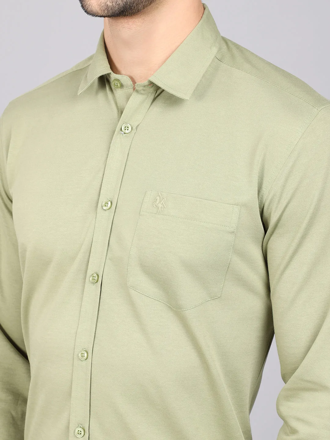 Cantabil Cotton Blend Solid Green Full Sleeve Casual Shirt for Men with Pocket