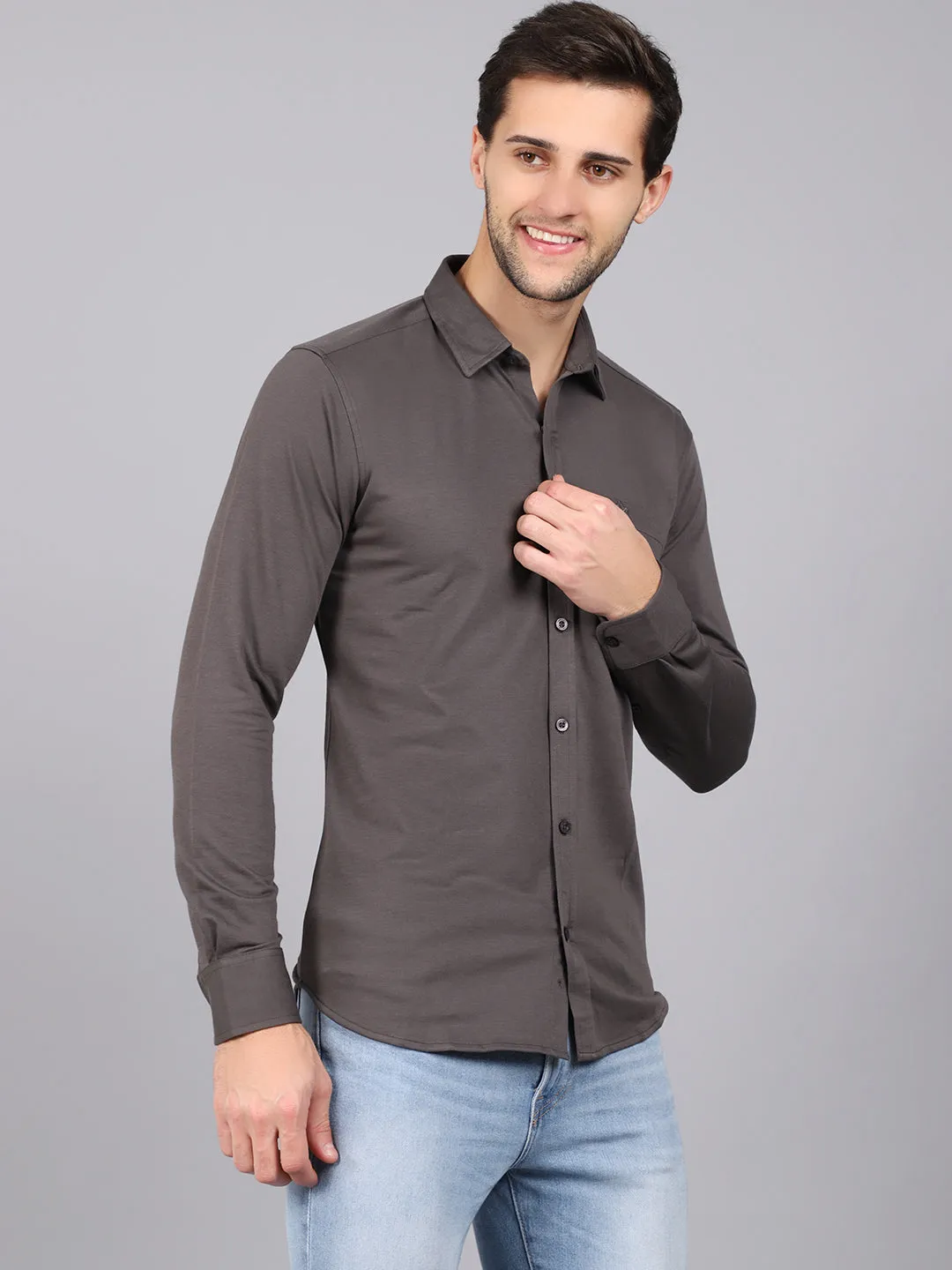 Cantabil Cotton Blend Solid Grey Full Sleeve Casual Shirt for Men with Pocket