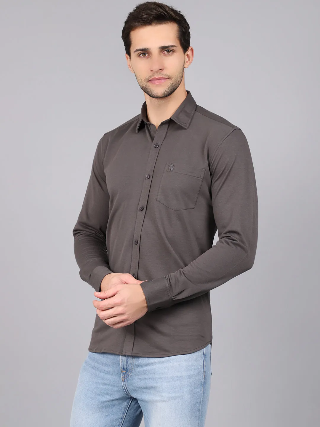 Cantabil Cotton Blend Solid Grey Full Sleeve Casual Shirt for Men with Pocket