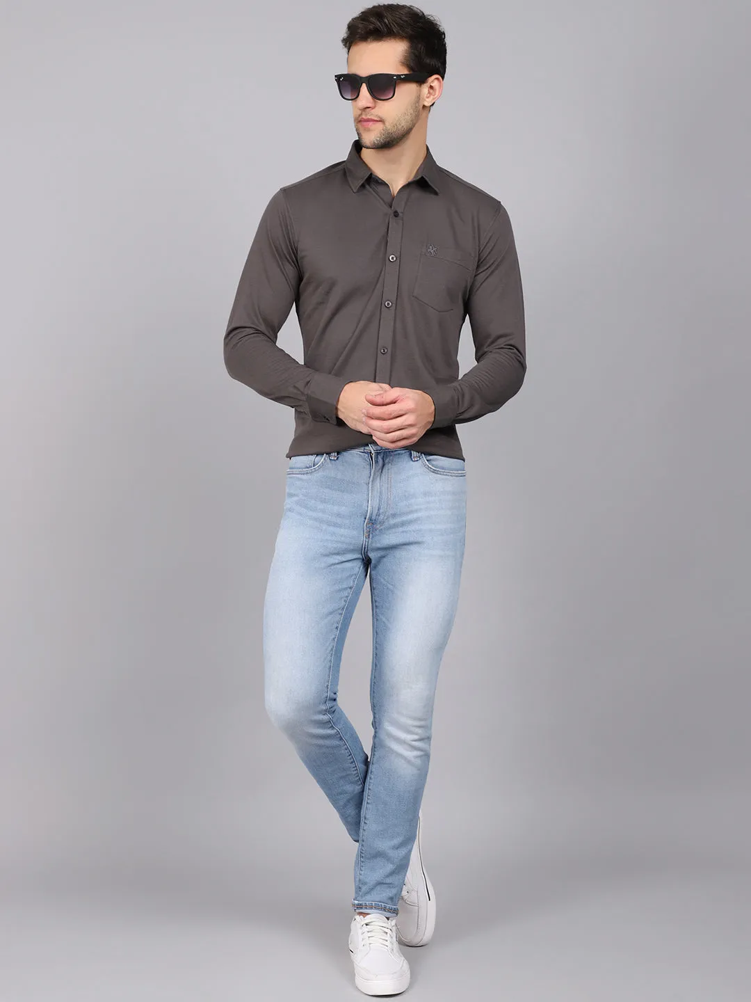 Cantabil Cotton Blend Solid Grey Full Sleeve Casual Shirt for Men with Pocket