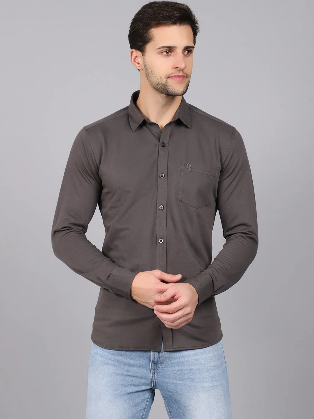 Cantabil Cotton Blend Solid Grey Full Sleeve Casual Shirt for Men with Pocket