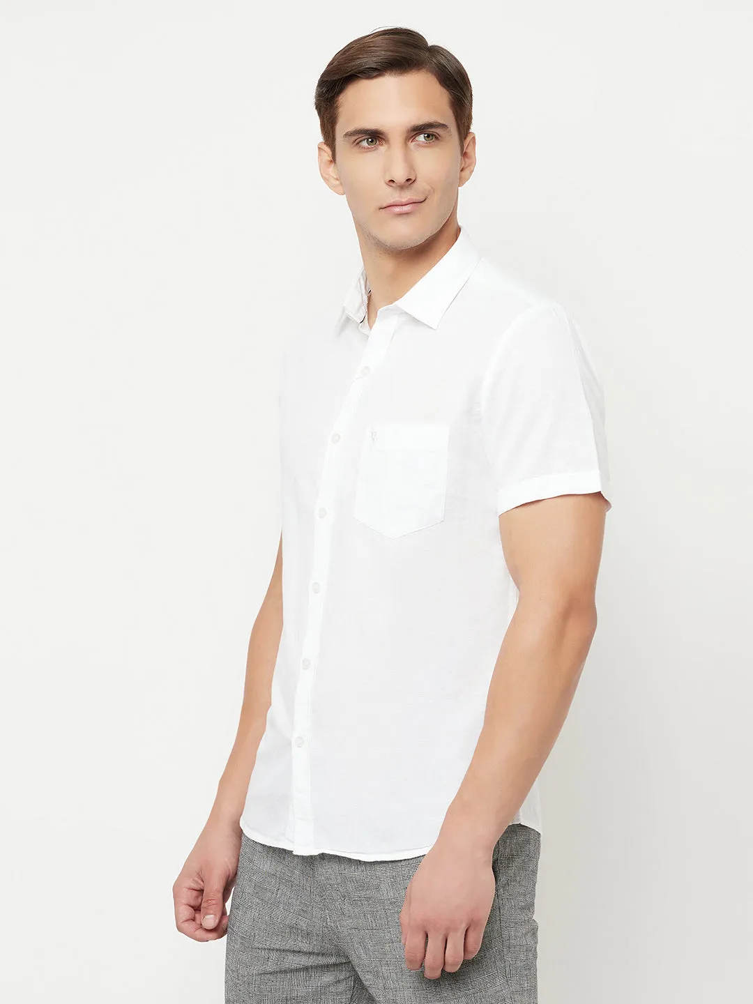 Cantabil Cotton Blend Solid White Half Sleeve Casual Shirt for Men with Pocket