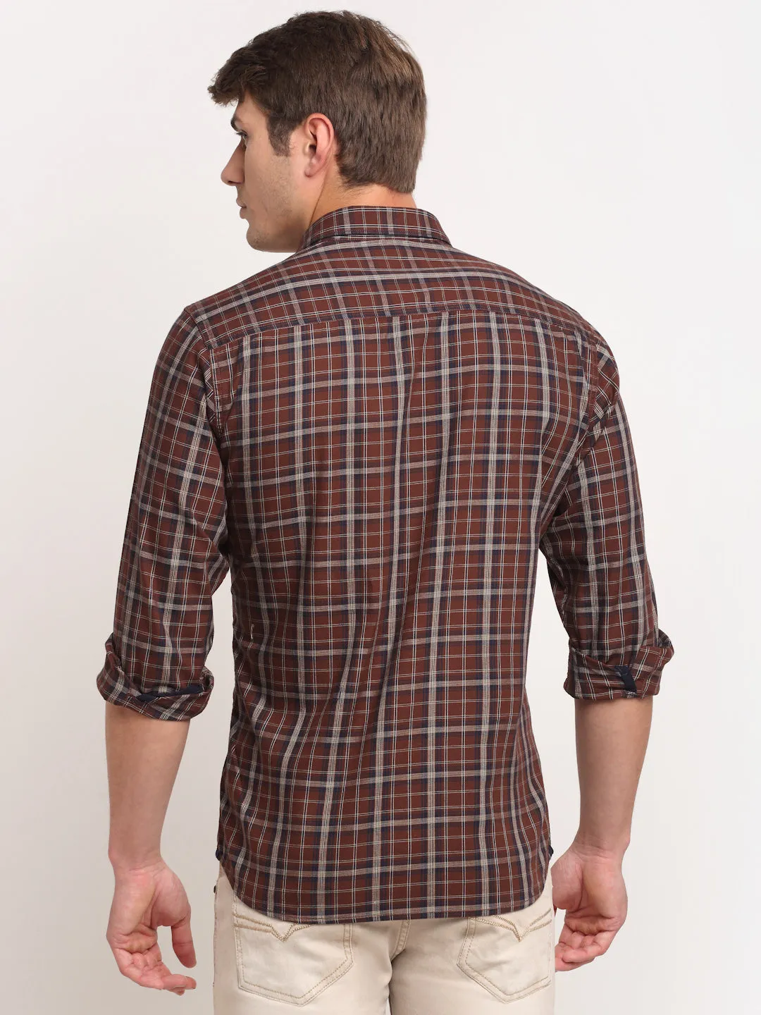 Cantabil Cotton Checkered Brown Full Sleeve Casual Shirt for Men with Pocket