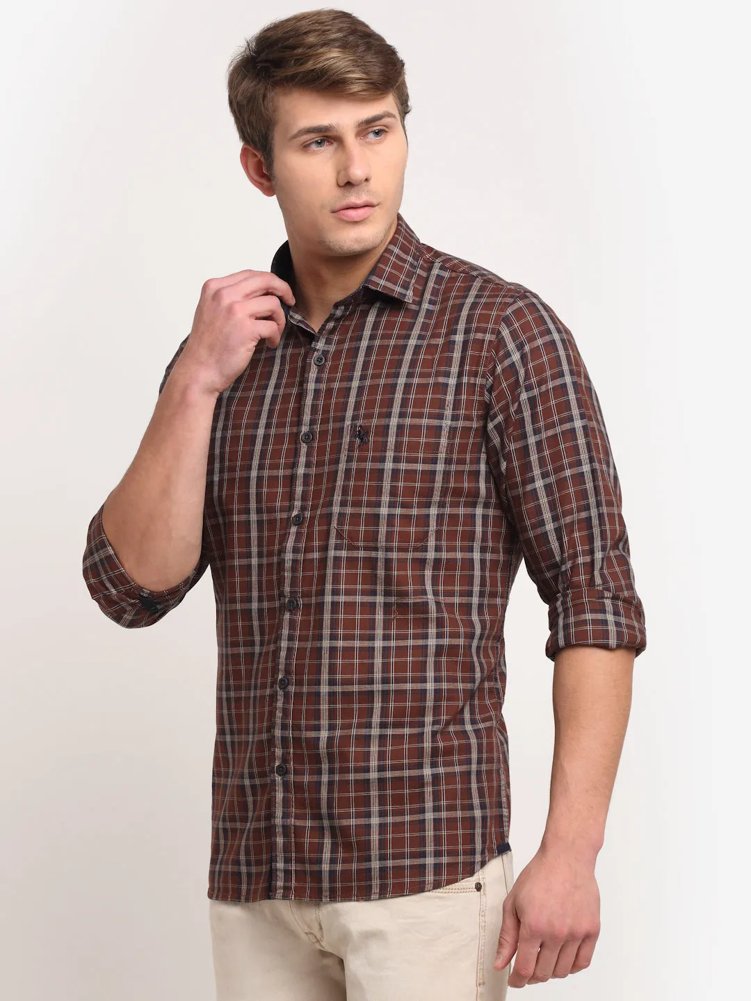 Cantabil Cotton Checkered Brown Full Sleeve Casual Shirt for Men with Pocket