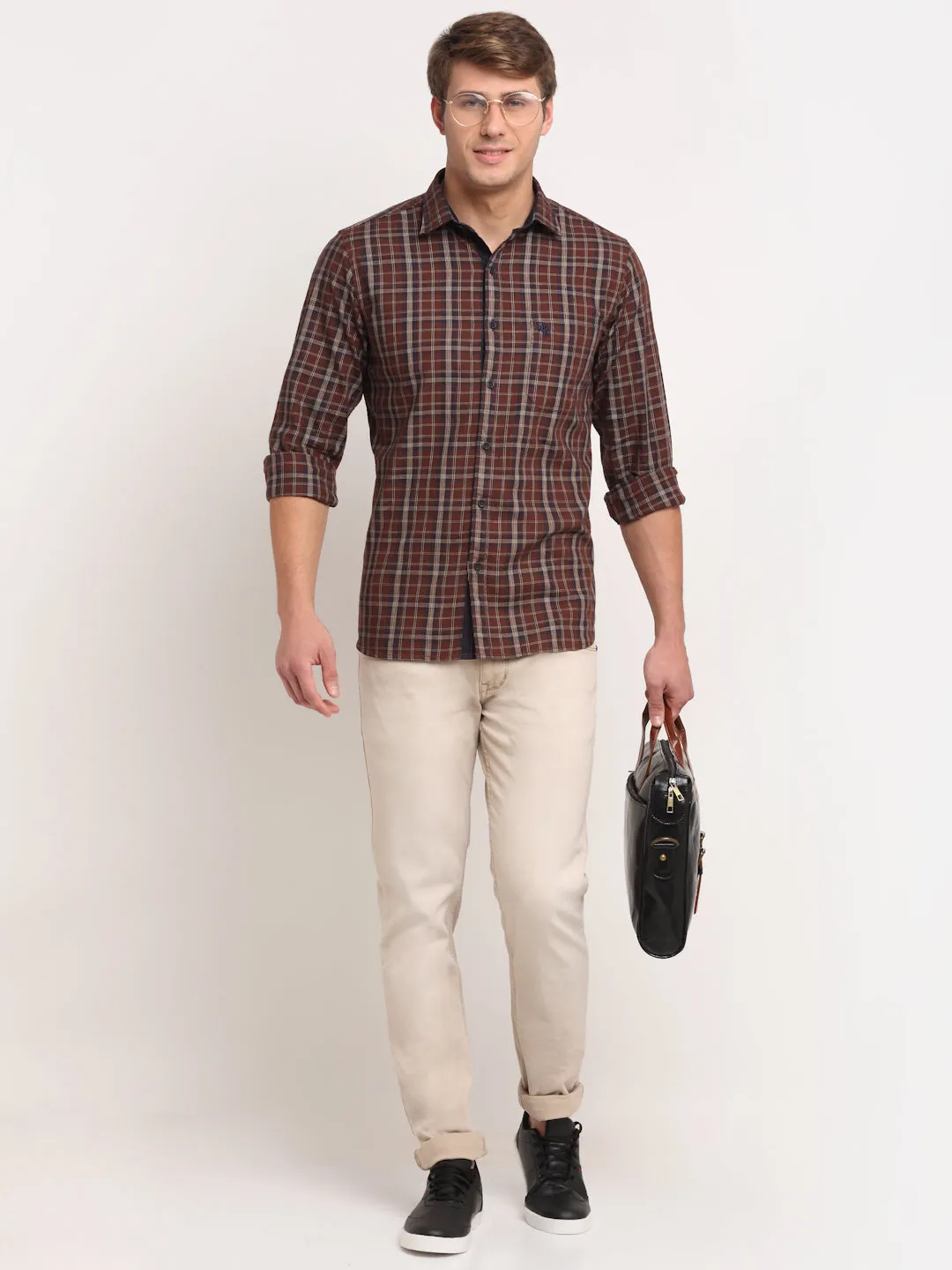 Cantabil Cotton Checkered Brown Full Sleeve Casual Shirt for Men with Pocket