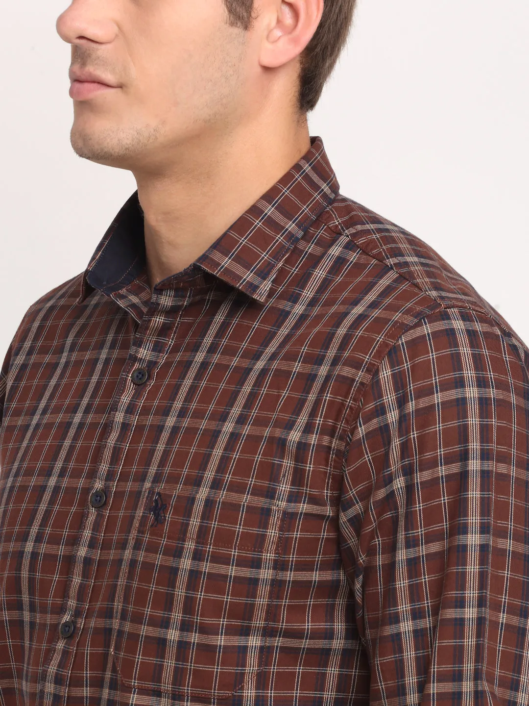 Cantabil Cotton Checkered Brown Full Sleeve Casual Shirt for Men with Pocket